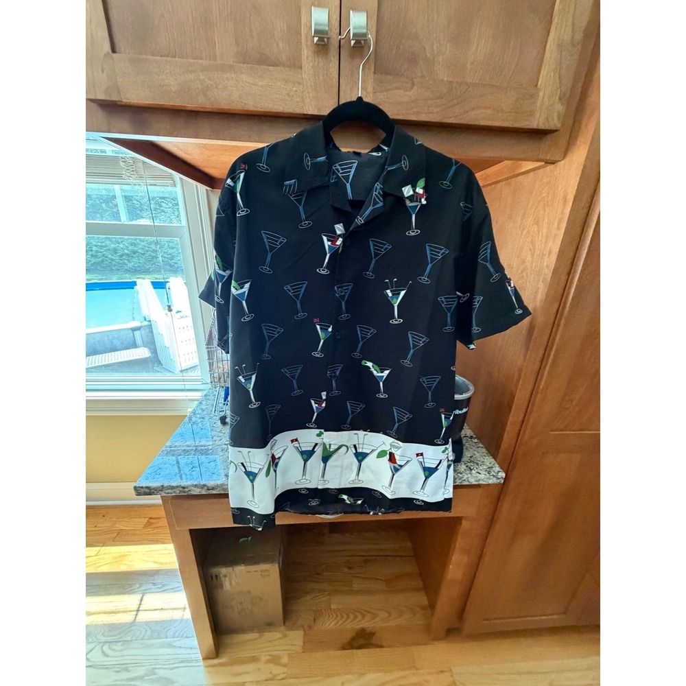 Ferugini Men's Martini Glass Cocktail Button Up Shirt Black Short Sleeve Size M